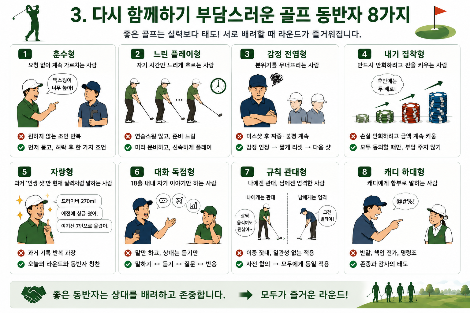 다시 함께 라운드하고 싶은 골퍼가 되는 법  피해야 할 골프 동반자 8가지 유형 (Golf Teaching Pro)